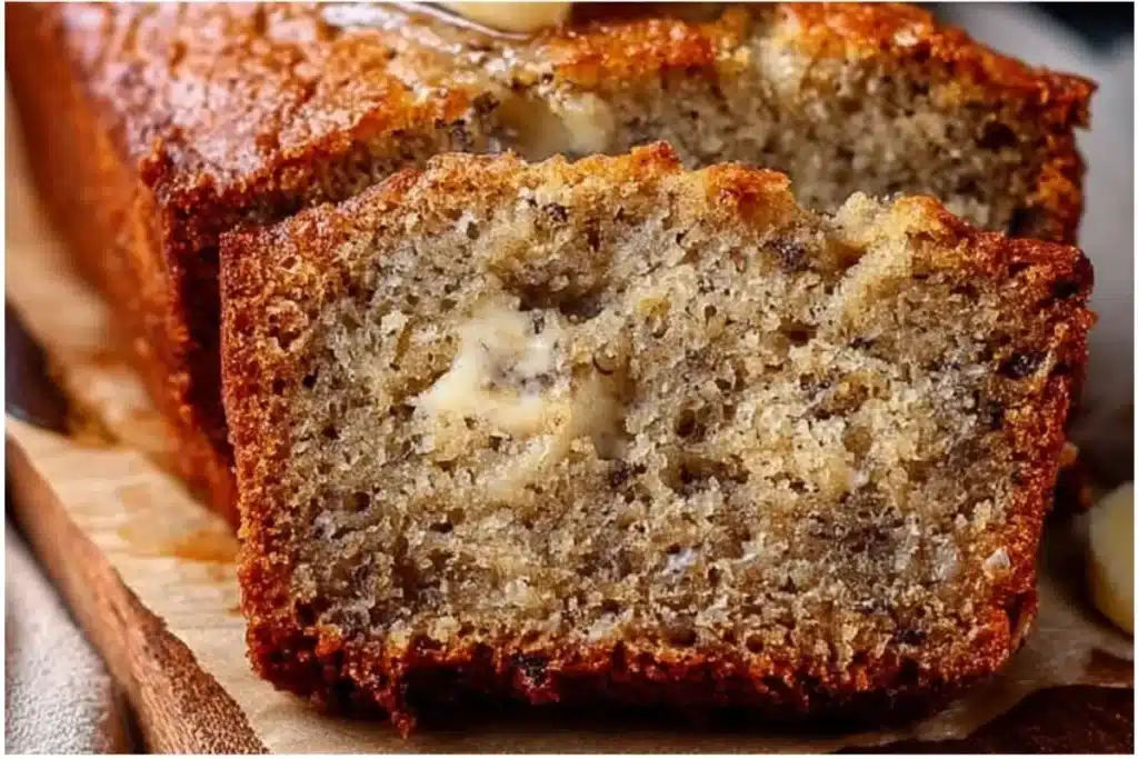 A slice of easy moist banana bread on a wooden cutting board.
