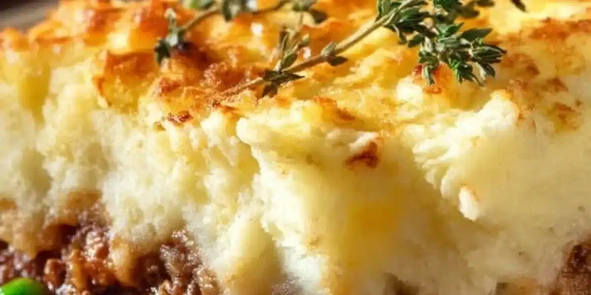 Easy Shepherd's Pie casserole with meat and vegetables topped with mashed potatoes