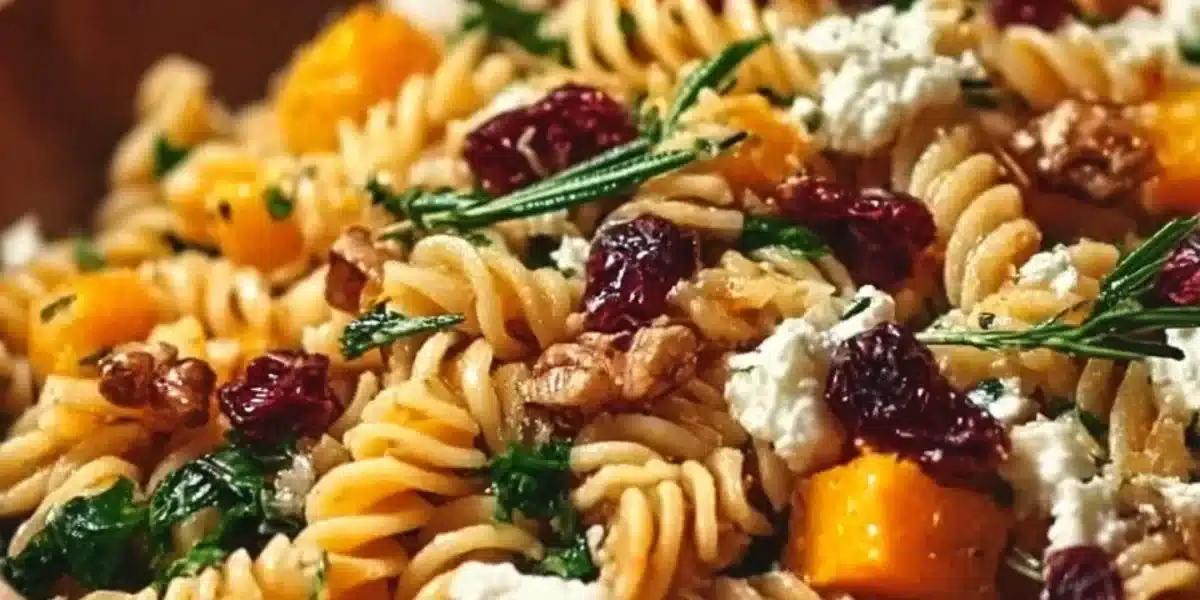Delicious Fall Harvest Pasta Salad with seasonal ingredients and vibrant colors.