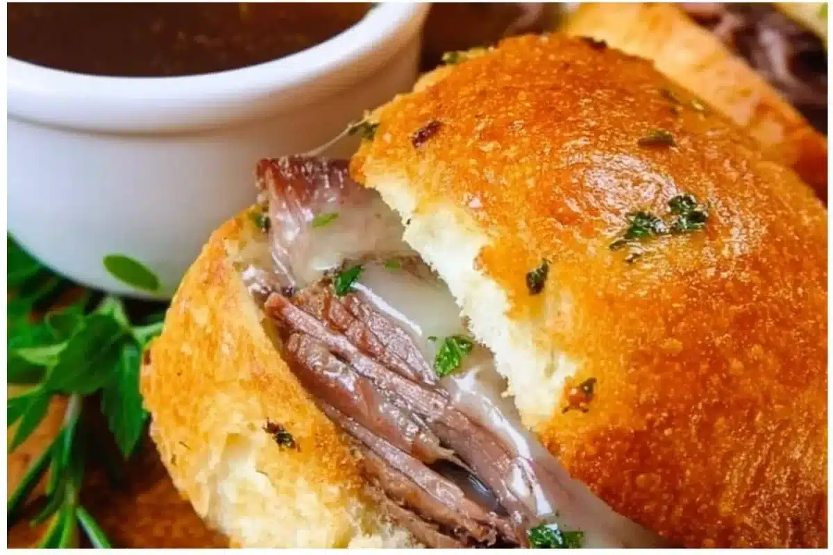 Plate of French Dip Sliders served with au jus for dipping.