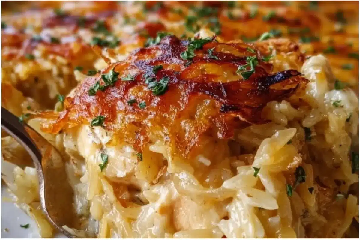 French Onion Chicken Orzo Casserole, a delicious and comforting dish