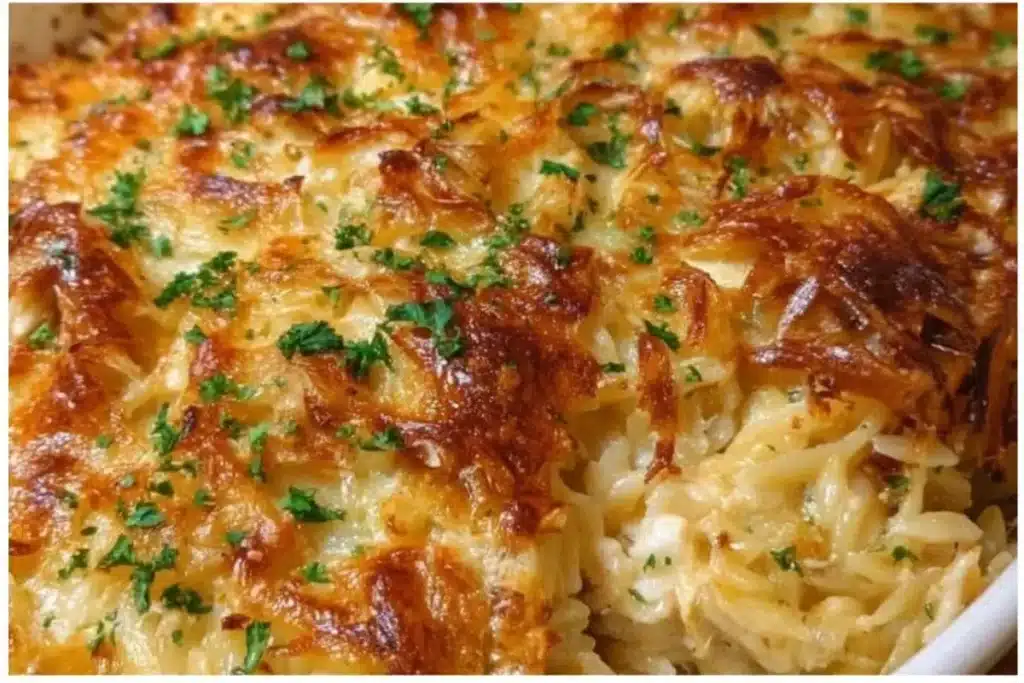 French Onion Chicken Orzo Casserole: A Luxurious One-Pot Delight 1 Delicious French Onion Chicken Orzo Casserole topped with melted cheese.