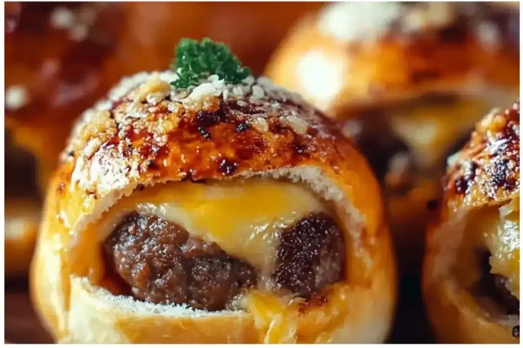 Garlic Parmesan Cheeseburger Bombs fresh out of the oven with melted cheese and golden crust.