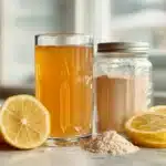 Gelatin trick ingredients displayed on a kitchen counter including unflavored gelatin powder and fresh lemon for weight loss drink