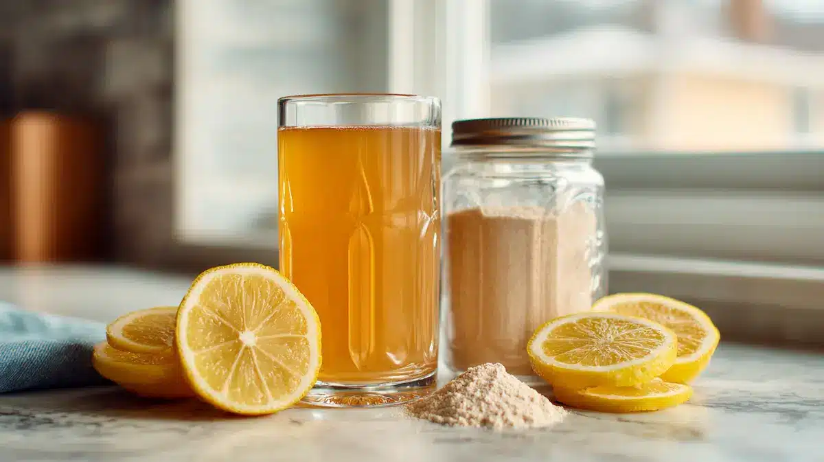 Gelatin trick ingredients displayed on a kitchen counter including unflavored gelatin powder and fresh lemon for weight loss drink