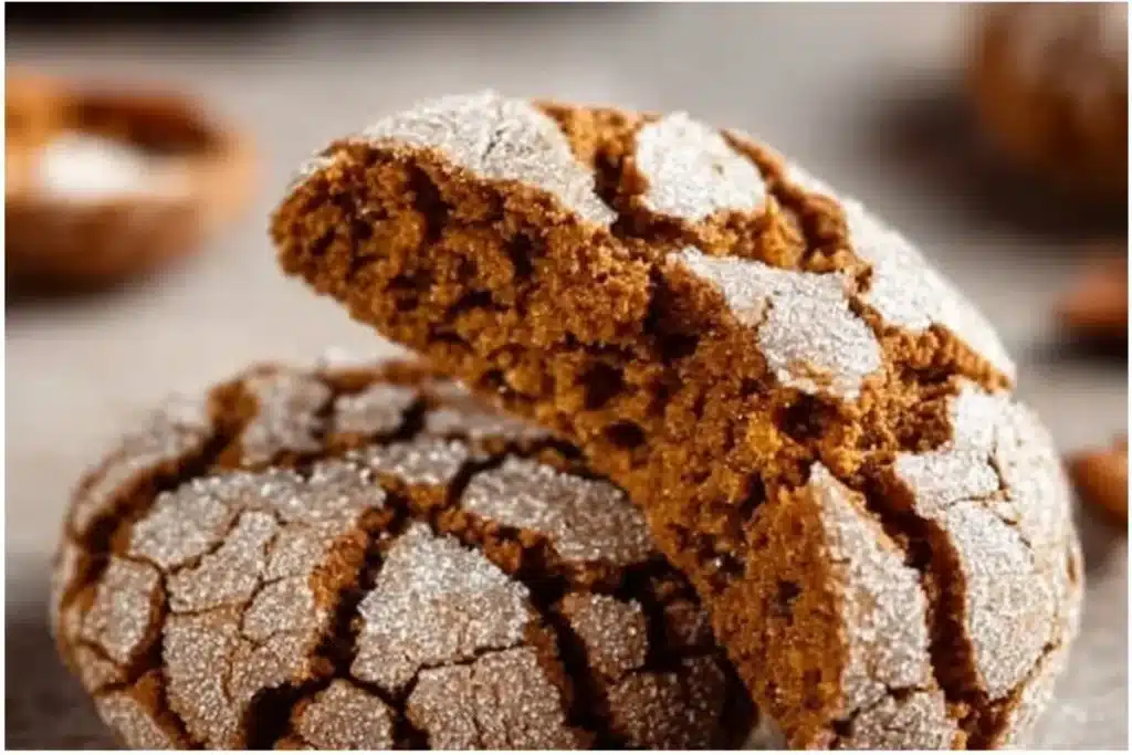 Freshly baked Gingerbread Crinkle Cookies dusted with powdered sugar on a festive plate