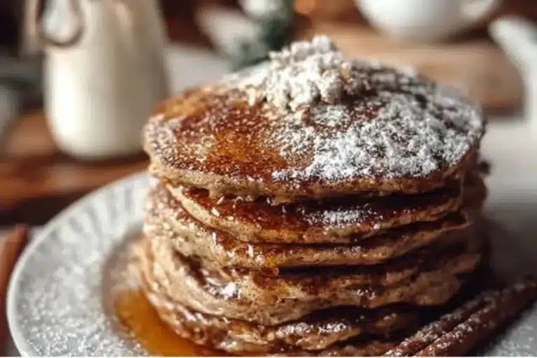 Stack of fluffy gingerbread pancakes drizzled with syrup