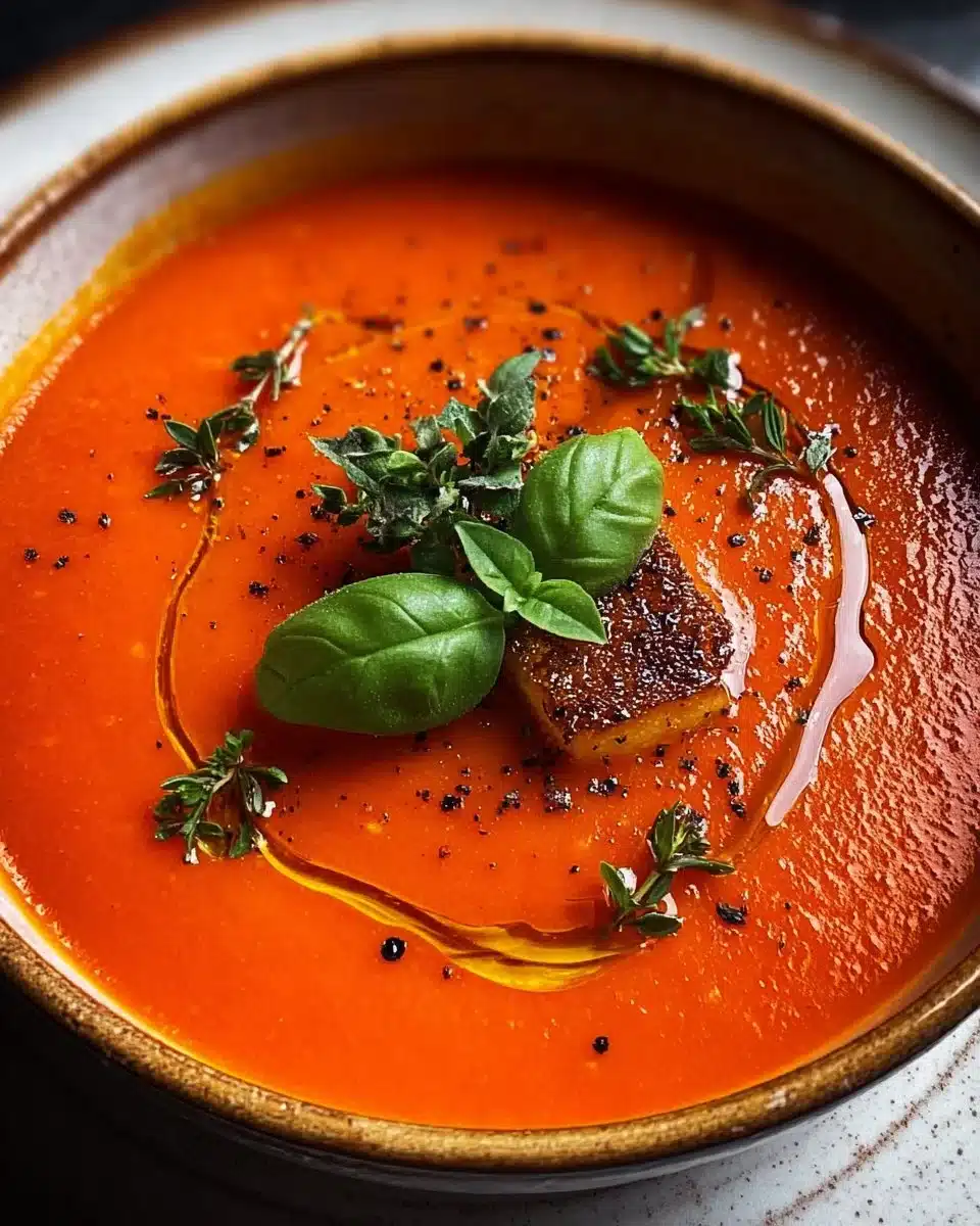 Bowl of Gordon Ramsay-inspired roasted tomato soup garnished with fresh basil.