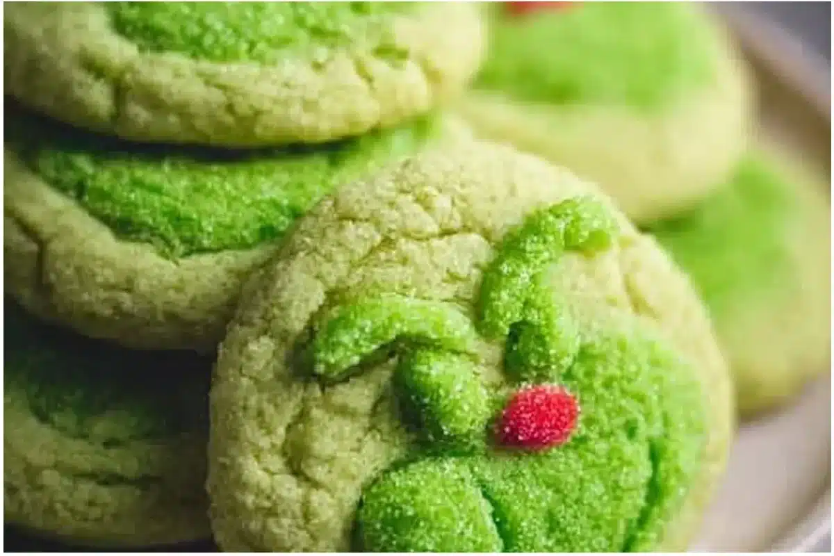 Delicious Grinch drop sugar cookies decorated for the holiday season