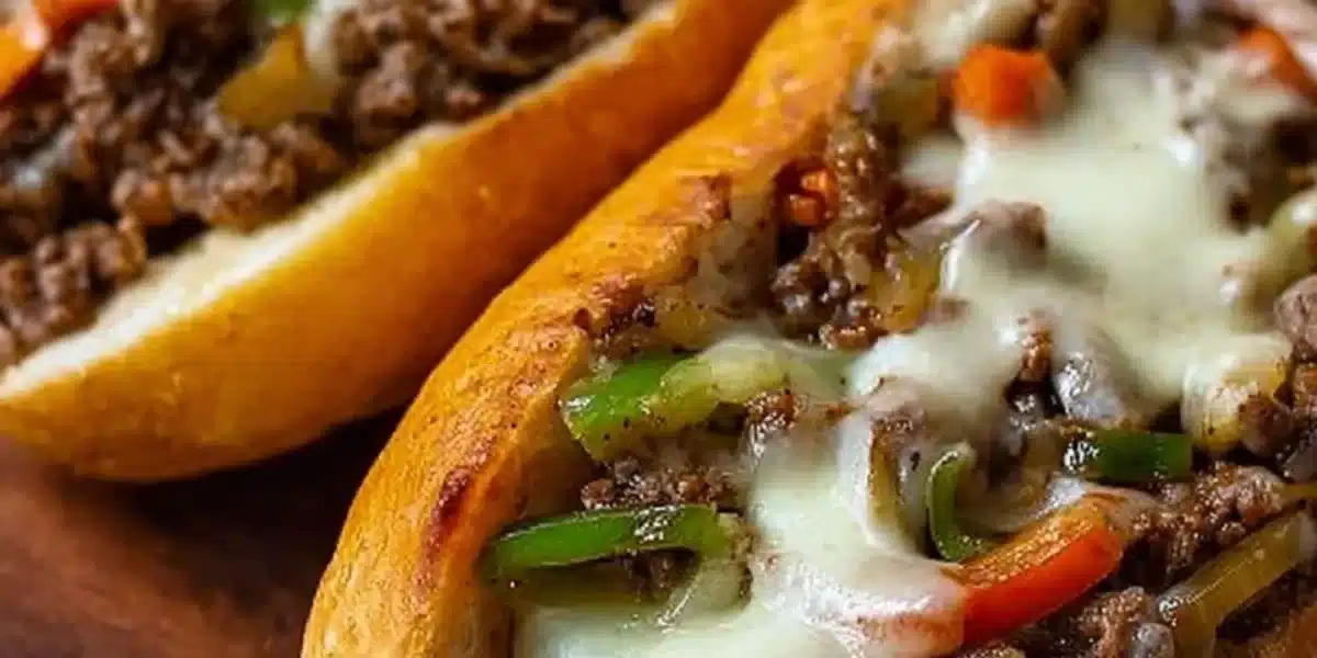Delicious Ground Beef Philly Cheesesteaks ready to serve with melted cheese and peppers.