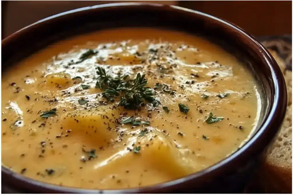 Bowl of hearty cheddar garlic herb potato soup garnished with herbs