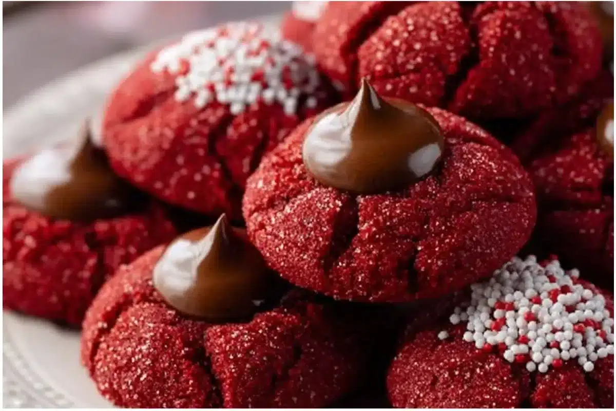 Hershey's Red Velvet Blossoms cookies on a decorative plate.