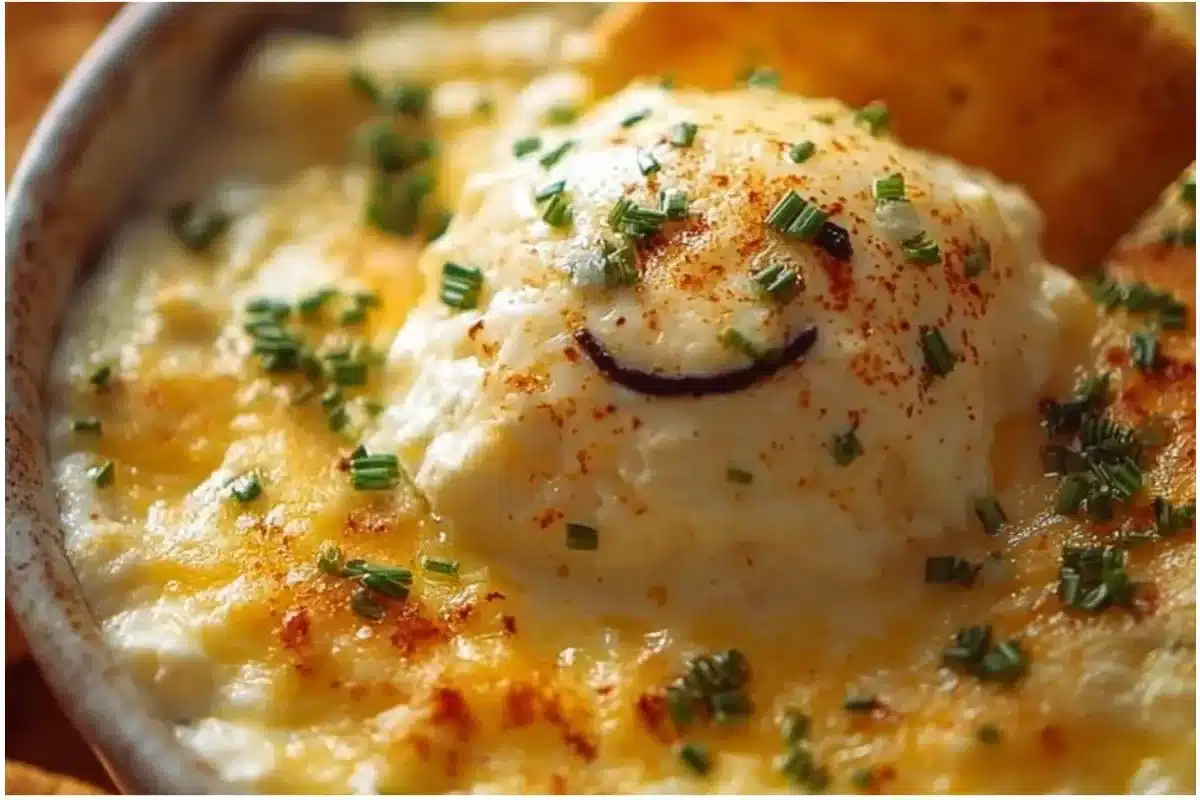 A bowl of creamy Humpty Dumpty Dip served with fresh vegetables and crackers.