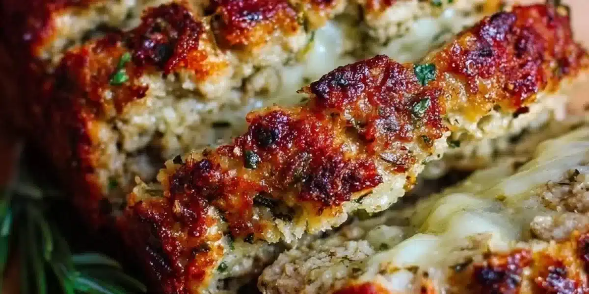A slice of Italian Chicken Meatloaf garnished with herbs and served on a plate.
