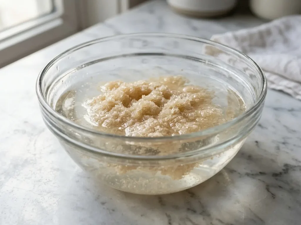 Blooming unflavored gelatin powder in cold water for the recipe.