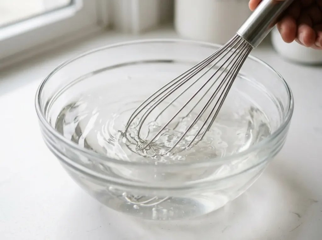 Whisking boiling water into the bloomed gelatin mixture.