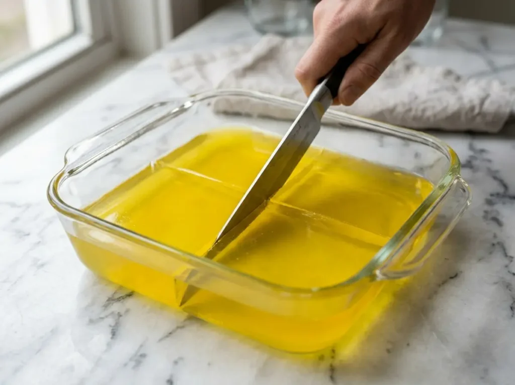 Slicing the fully chilled and firm jello diet recipe.