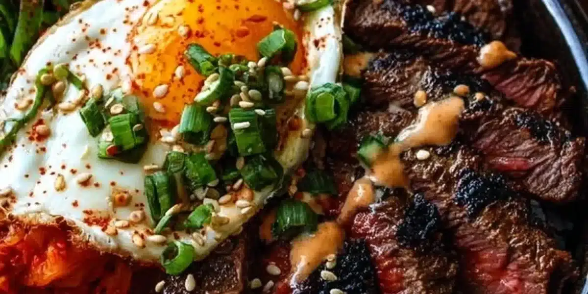 Korean BBQ steak rice bowl with grilled meat and vegetables