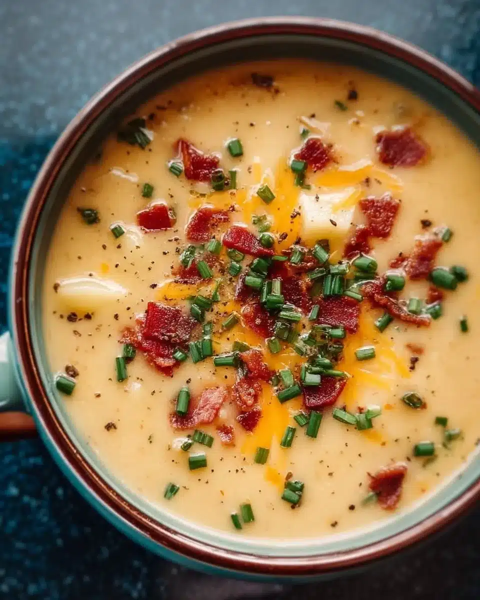 Bowl of creamy loaded potato soup topped with bacon and cheese