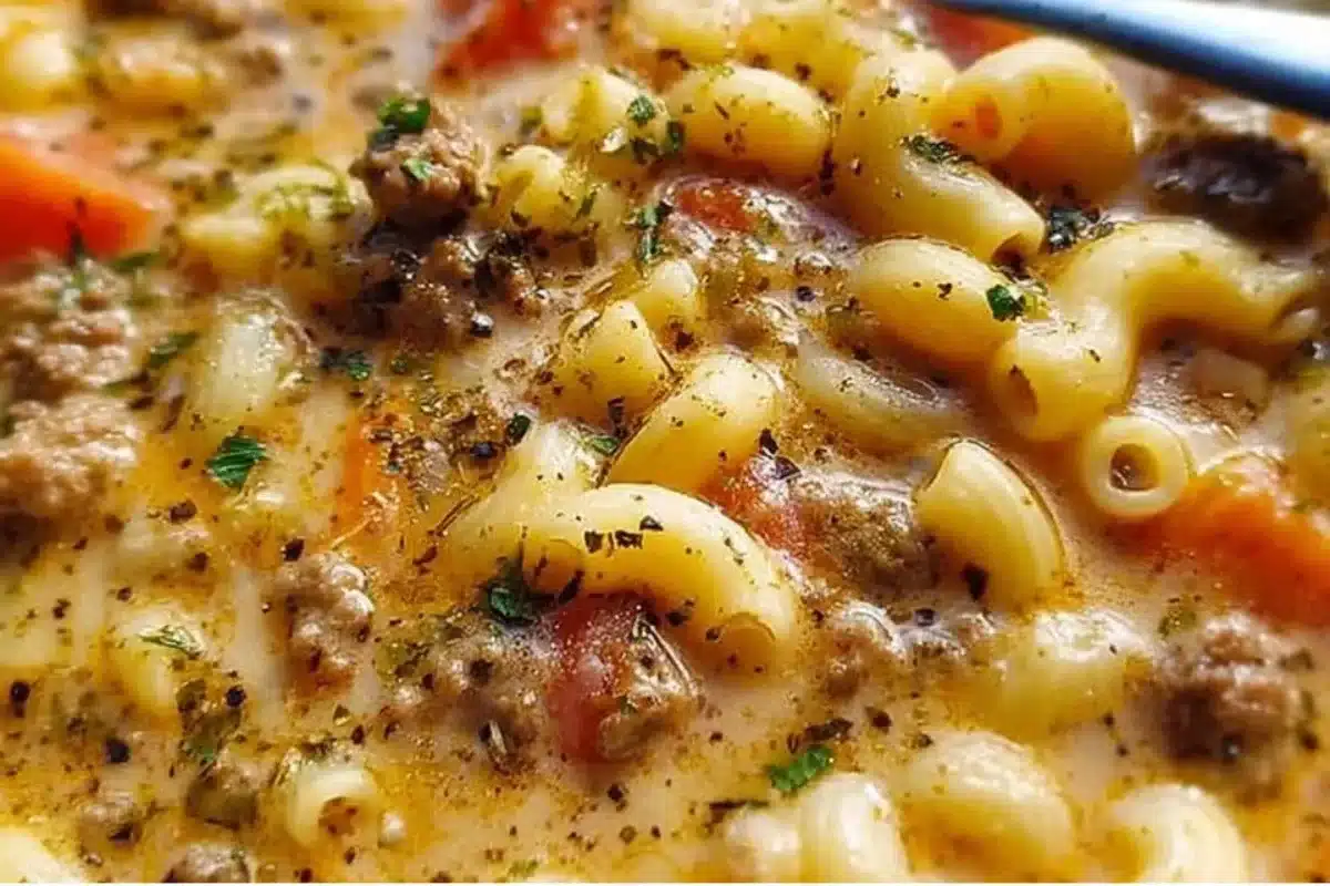Bowl of macaroni cheeseburger soup with cheese and ground beef