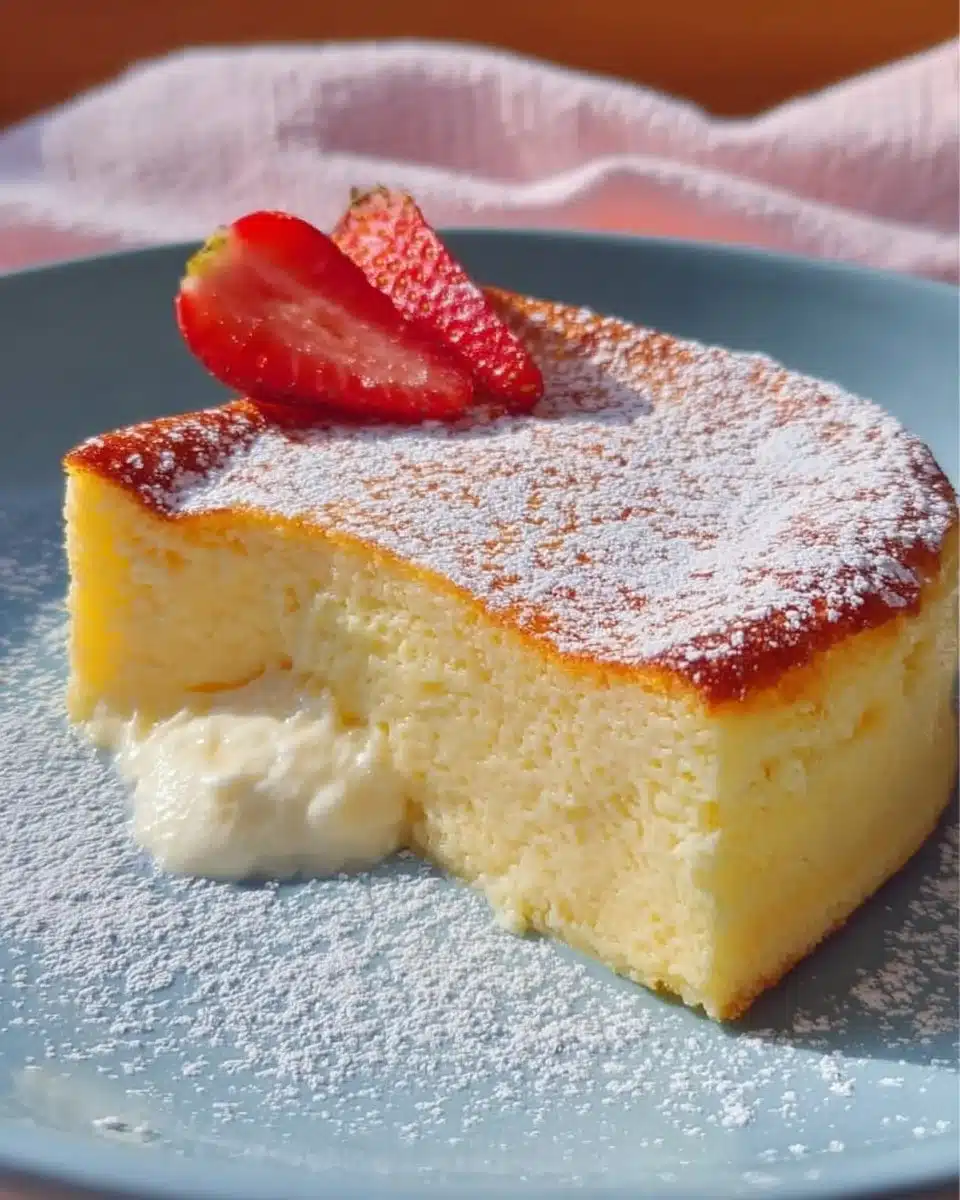 A slice of Magic Custard Cake showing its unique layers of custard and cake.