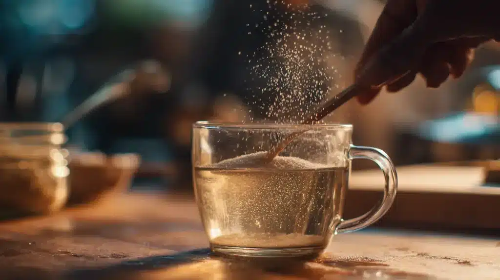 Stirring gelatin powder into hot water for jello weight loss snack