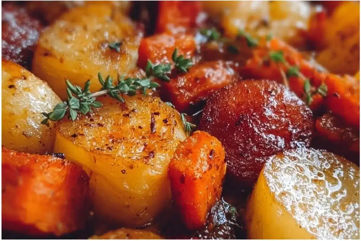 Maple Dijon Roasted Apples served with carrots on a platter