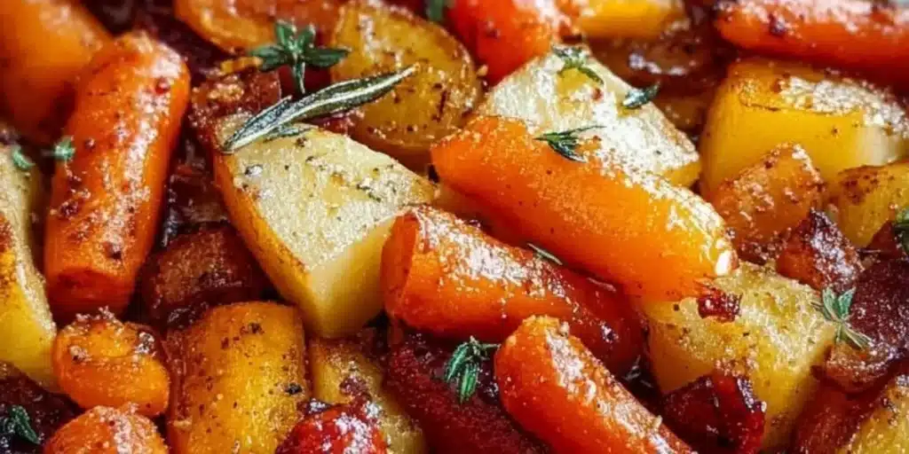 Maple Dijon Roasted Apples and Carrots dish served in a rustic bowl