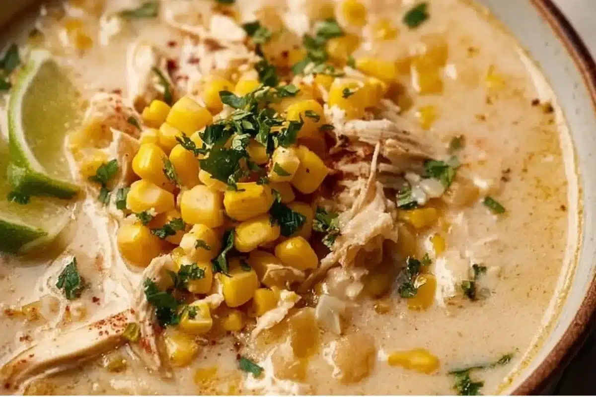 Delicious Mexican Street Corn White Chicken Chili served in a bowl