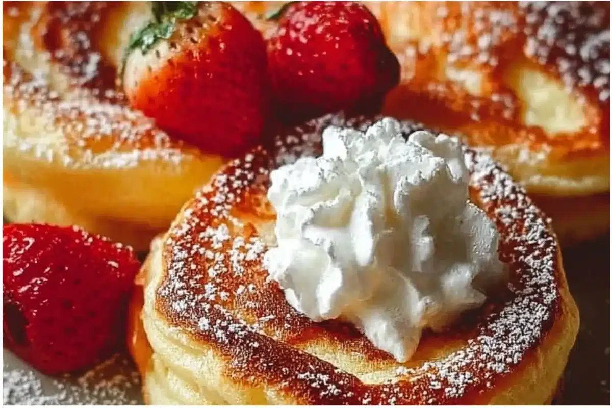 Delicious mini German pancakes stacked with fruits and syrup