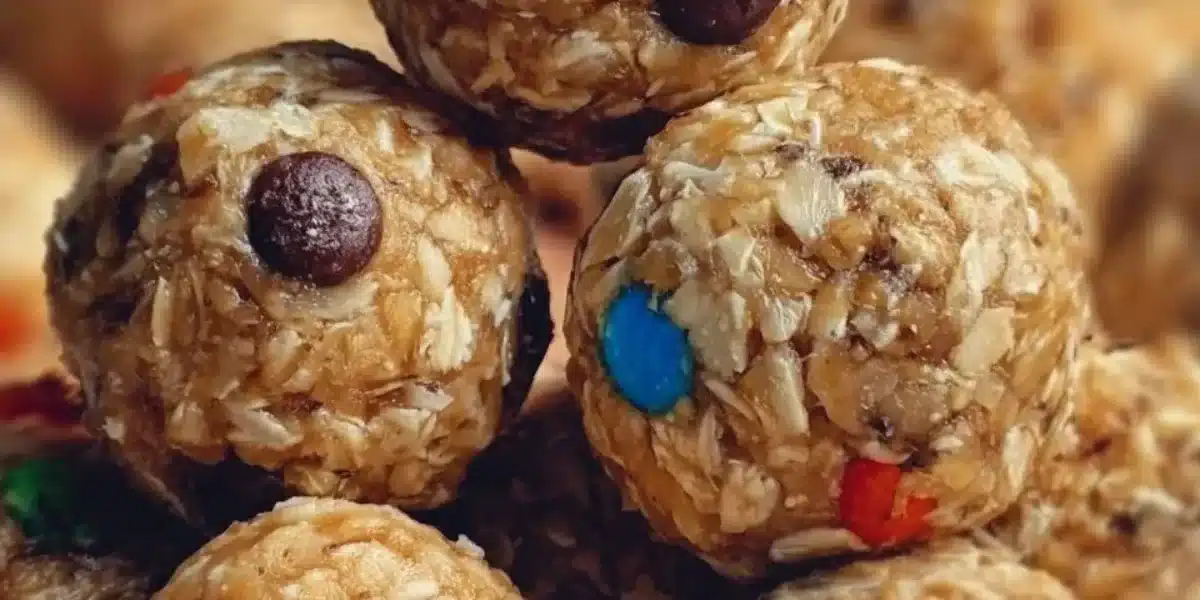 Healthy Monster Cookie Energy Balls made with oats, nut butter, and chocolate chips.