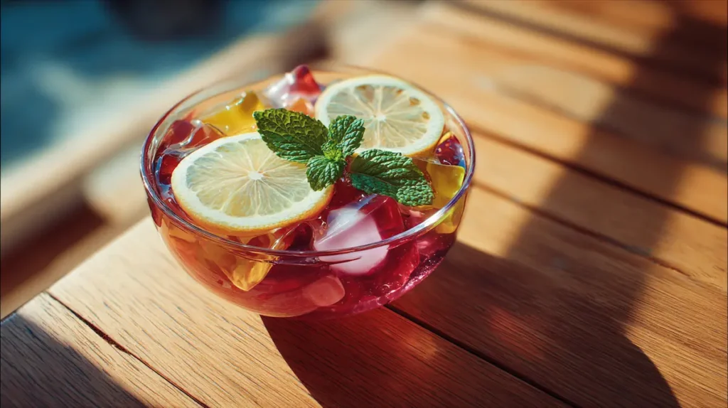 Natural jello weight loss snack garnished with lemon and mint