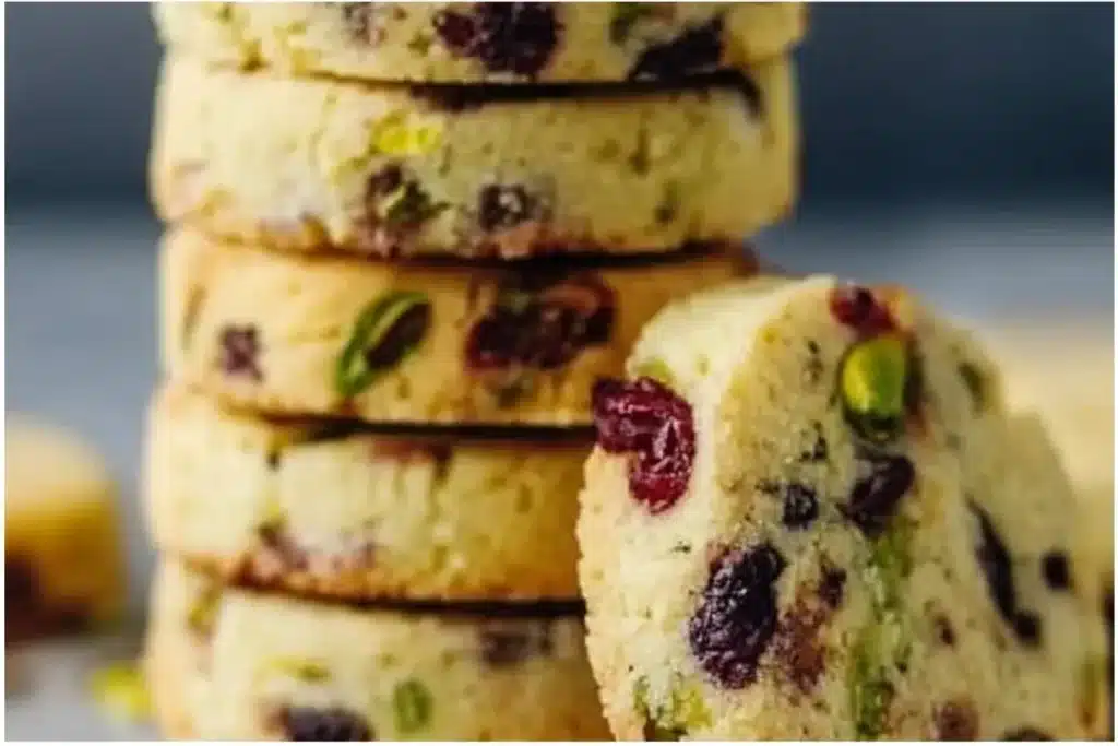 One-bowl cranberry and pistachio shortbread cookies on a rustic wooden table