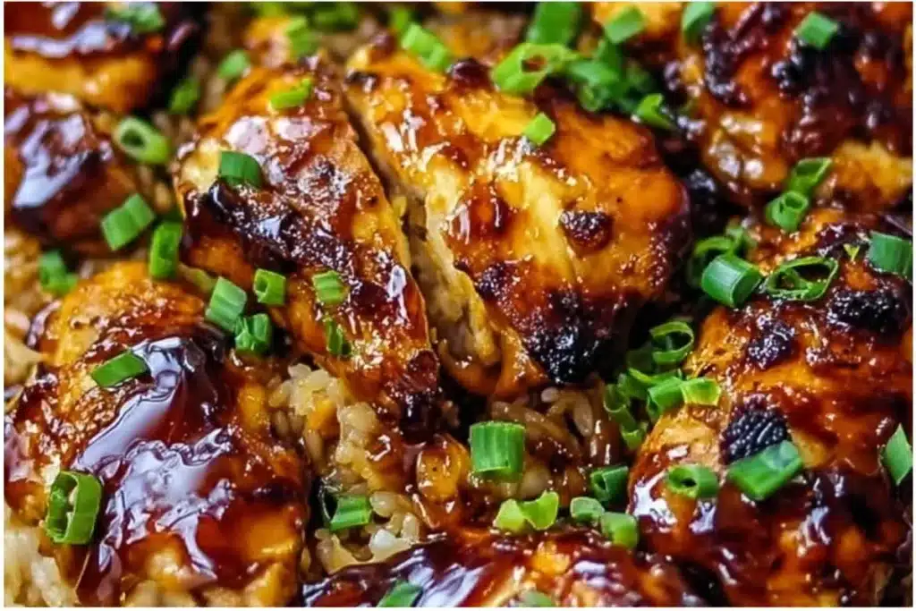 One-Pan Honey BBQ Chicken served with rice, a delicious quick meal.
