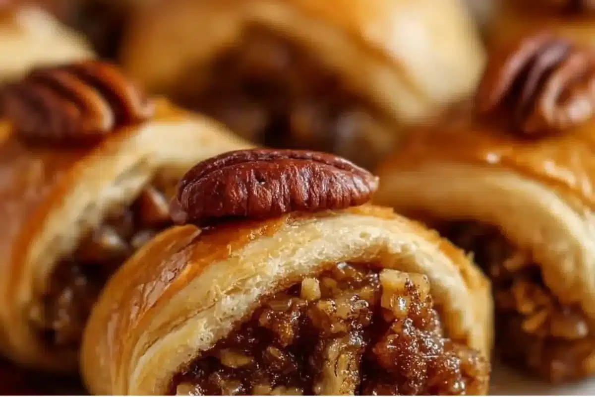 Pecan pie crescent rolls with a golden flaky crust and pecan filling.