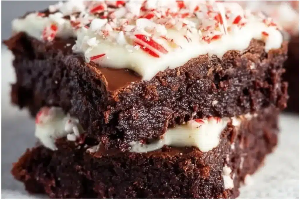 Delicious peppermint bark brownies topped with crushed candy canes