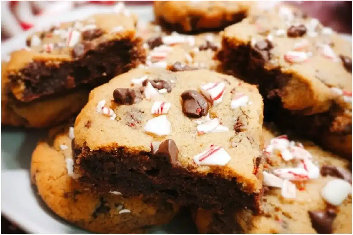 Freshly baked peppermint chocolate chip cookies on a cooling rack