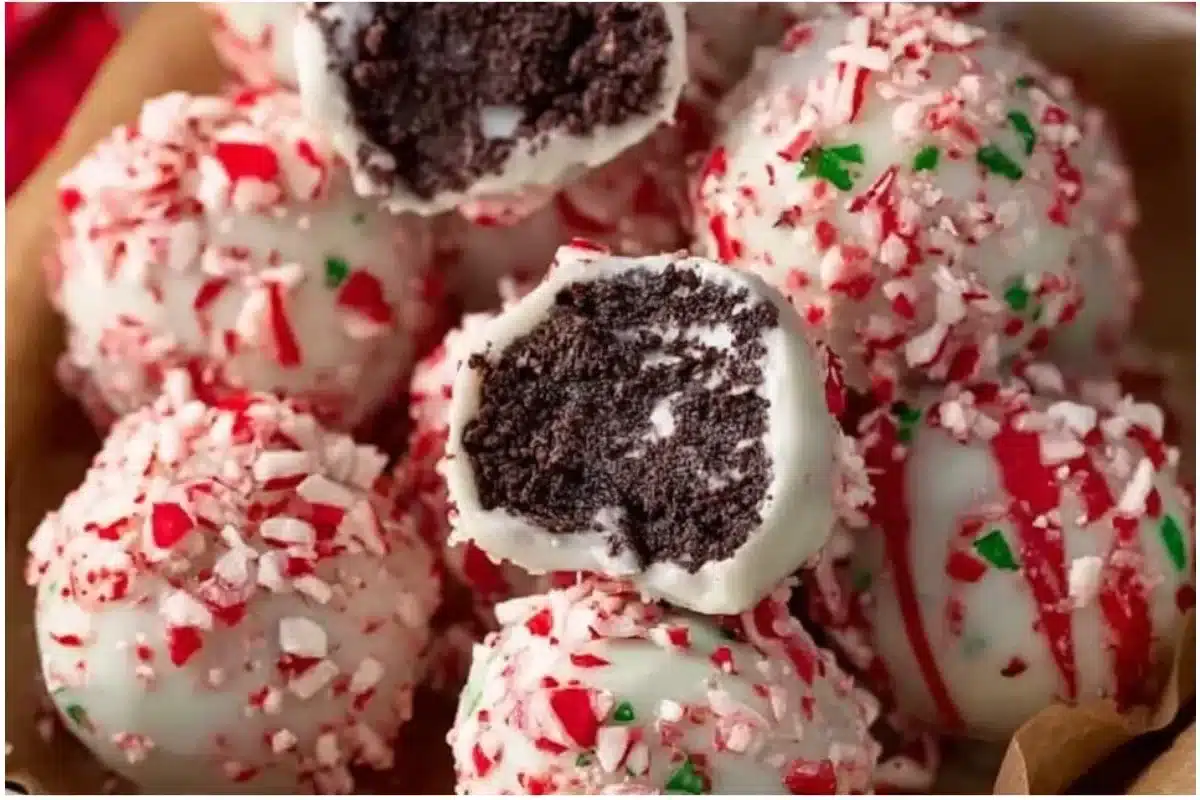Plate of Peppermint Oreo Balls decorated for Christmas festivities