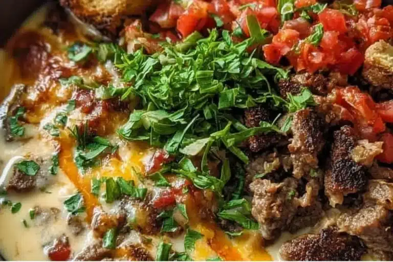 Delicious Philly cheesesteak bowls topped with peppers and onions