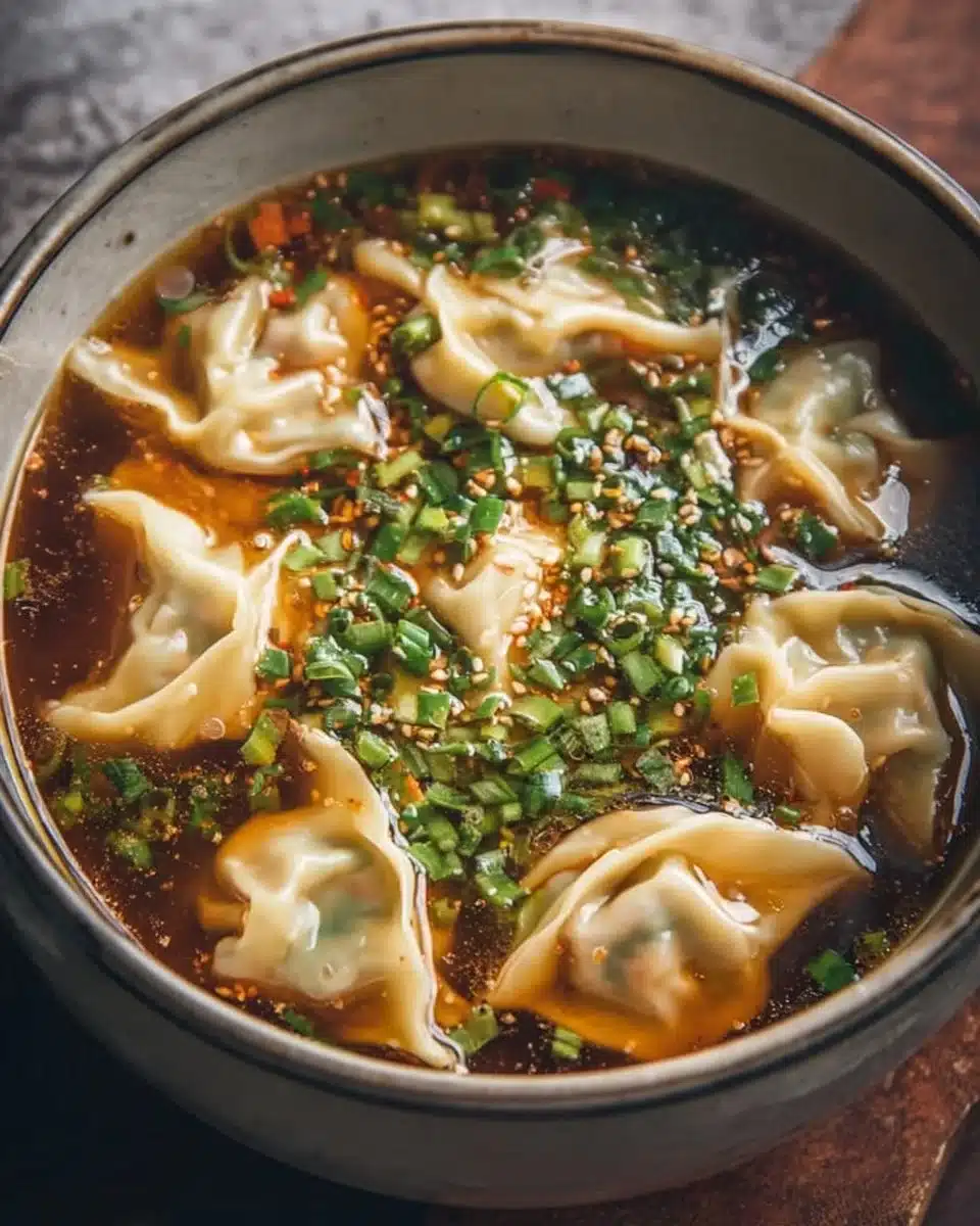 A bowl of homemade potsticker soup with dumplings and vegetables.