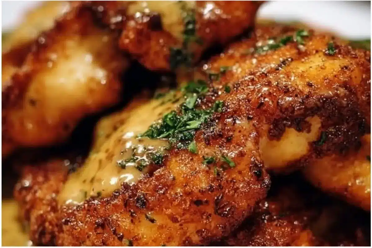 Golden brown pretzel chicken served with dipping sauce on a plate