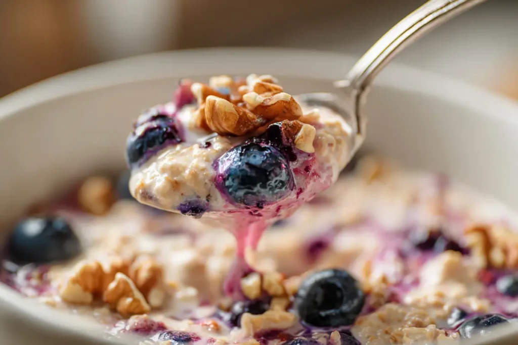 Spoonful of Princess Diana overnight oats recipe lifted from the bowl with fruit and nuts.