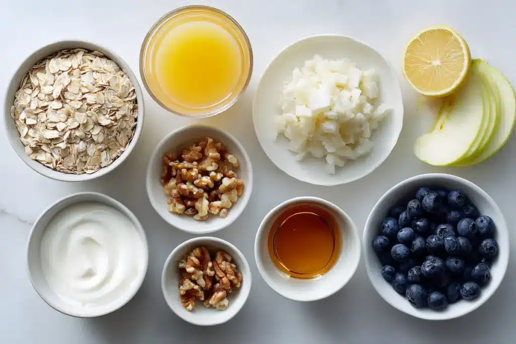 Ingredients for Princess Diana overnight oats recipe laid out in bowls on a white surface.