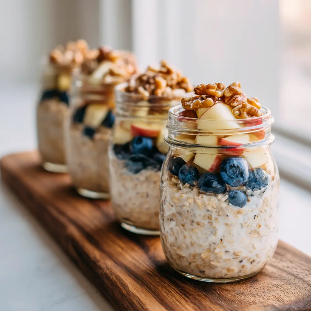 Mason jars filled with Princess Diana overnight oats recipe for easy grab-and-go breakfasts.