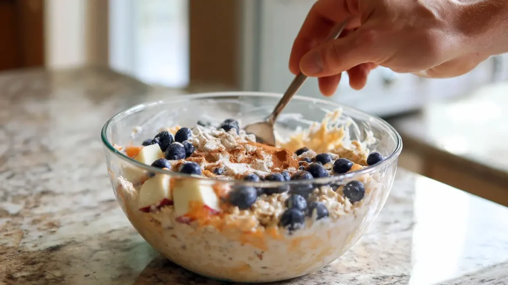 Princess Diana overnight oats recipe being mixed in a glass bowl with fruit and yogurt.