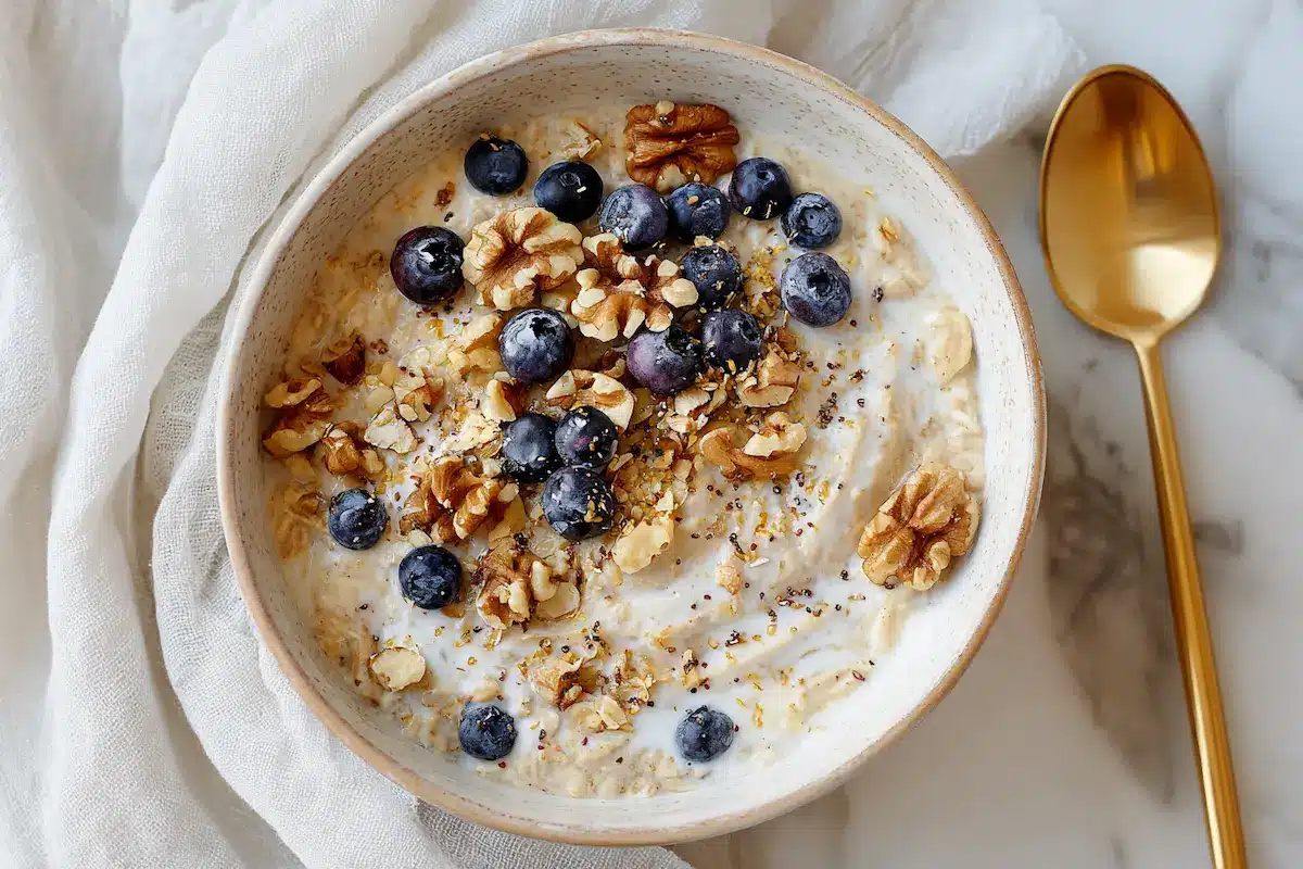 Princess Diana overnight oats recipe in a creamy bowl topped with apple, blueberries, and walnuts. Title attribute
