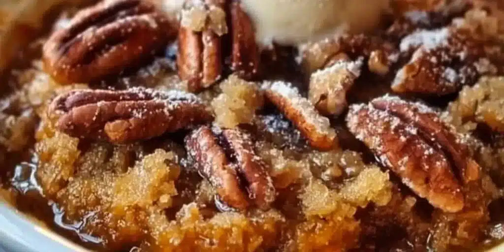 Delicious Pumpkin Pecan Cobbler dessert topped with pecans and whipped cream.