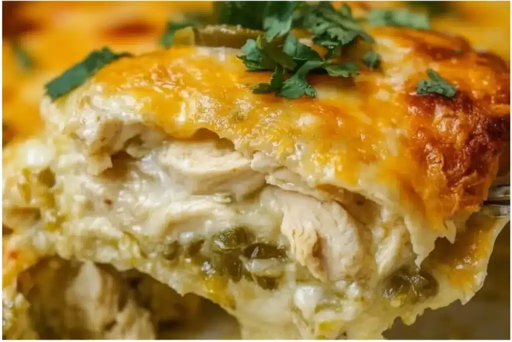Quick and easy green chile chicken enchilada casserole served in a colorful dish