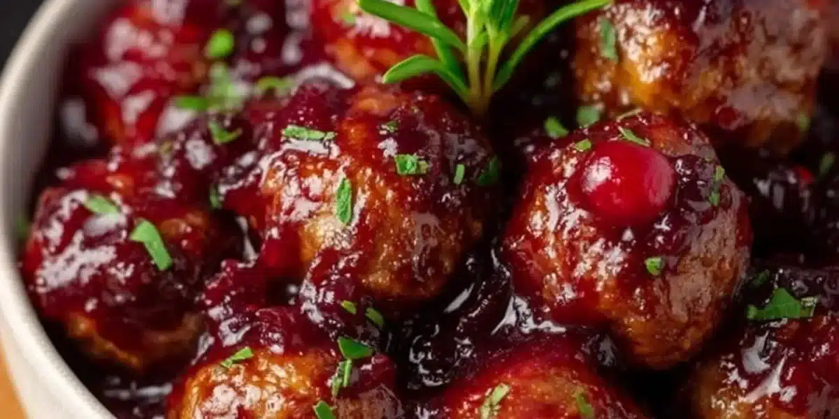 Delicious quick cranberry meatballs served on a festive platter for Christmas.