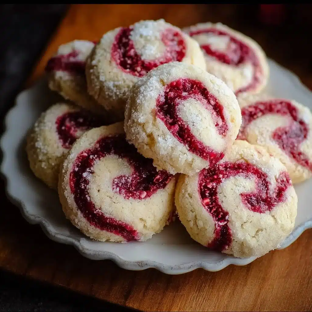 Raspberry-Filled Almond Snowball Cookies on a decorative plate